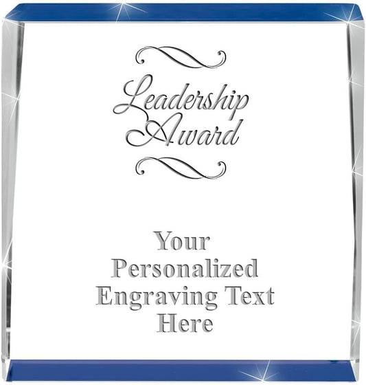 Crown Awards Customizable Crystal Trophy, 4" Engraved Blue Spotlight Crystal Award