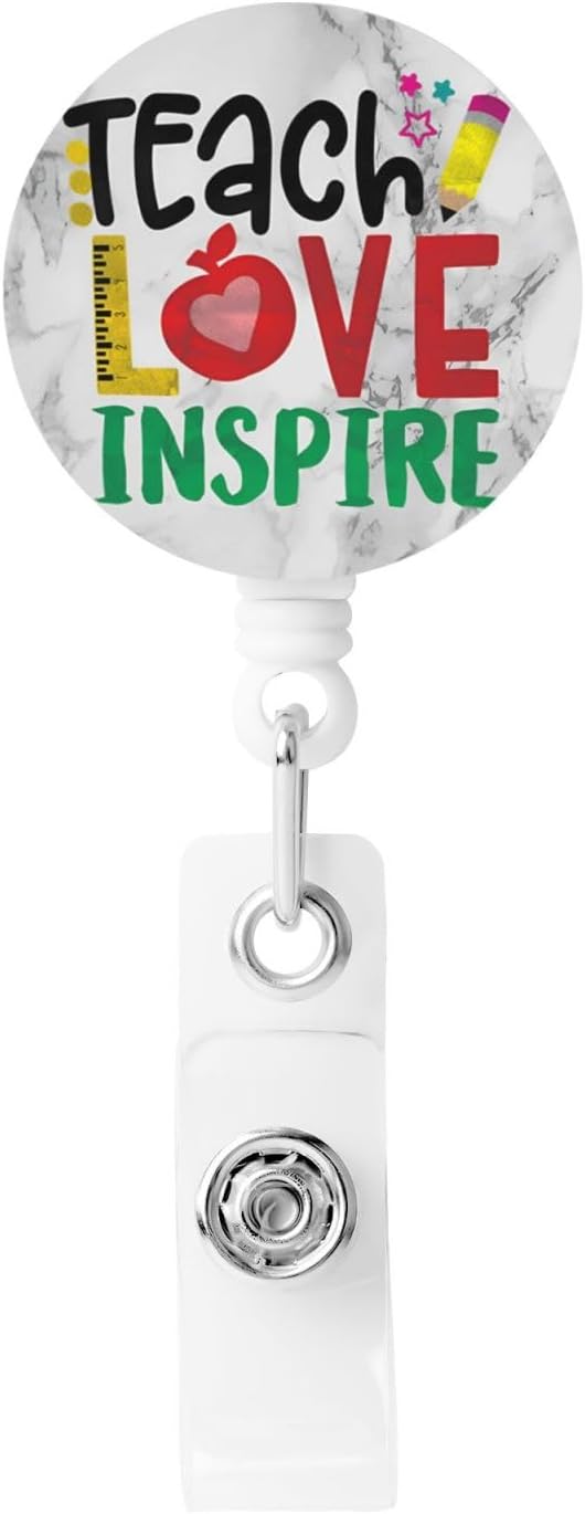 Teach Love Inspire Teacher Badge Reels Retractable Badge Holder with Clip for Id Name Tag Office Worker Student Nurse Doctor