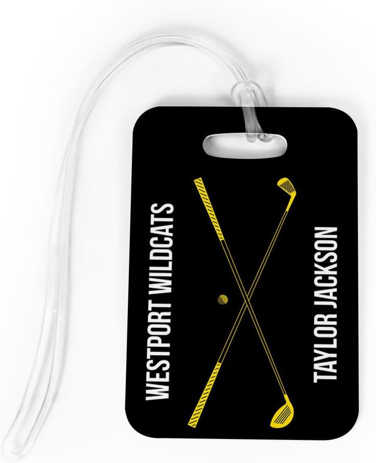 ChalkTalkSPORTS Golf Luggage & Bag Tag | Personalized Crossed Golf Clubs | Standard Lines on Back | Medium | Black/Yellow