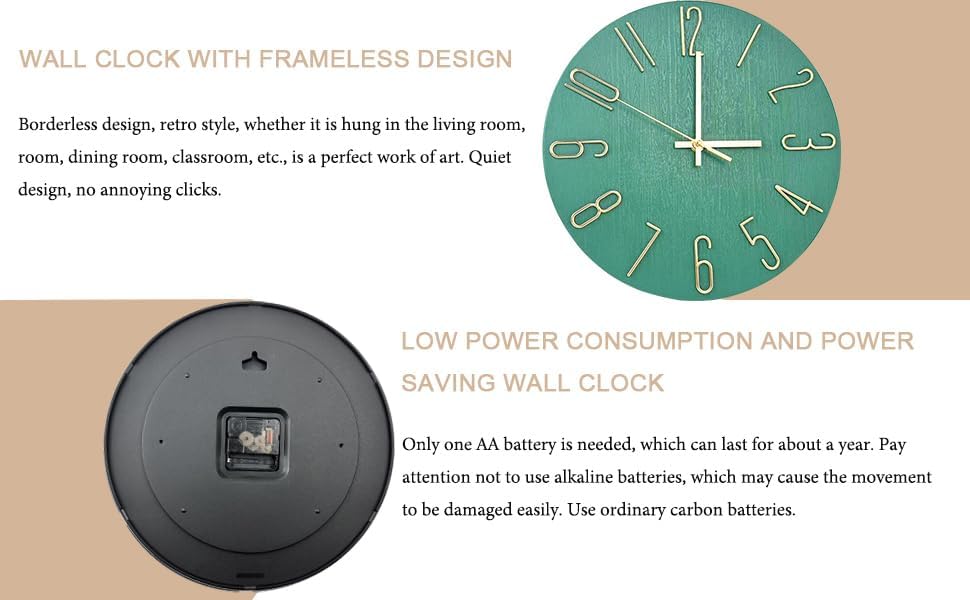 Wall Clock, Silent Clock, Wall Clocks Battery Operated， 12 inch Modern Wall Clock, Suitable for Offices, Living Rooms, Kitchens, Homes, Schools (Grass Green Without Second Hand)
