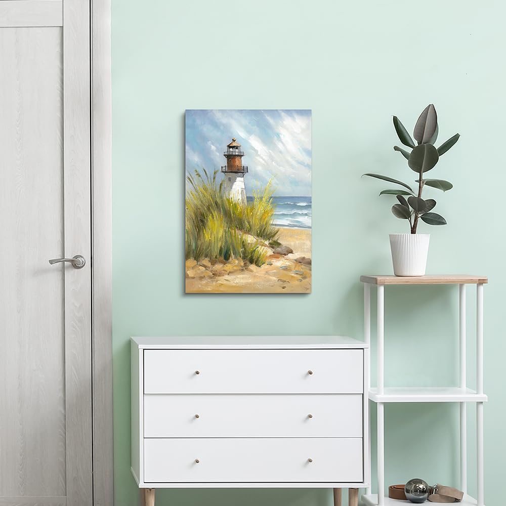 coastal wall art lighthouse pictures: beach wall decor coastal artwork nautical ocean print in beach canvas painting for bathroom 11" x 16"