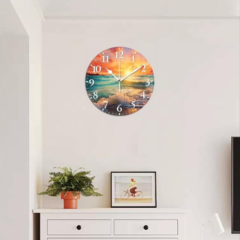 Beach Wall Clock Non-Ticking Silent Clocks Battery Operated Analog Decor Clock for Home-Beautiful Sunset Over The Ocean with Waves Crashing On The Shore(16inch)