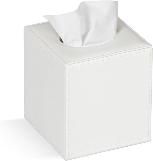 Tissue Box Cover Square Tissue Box Holder for Bathroom (White)