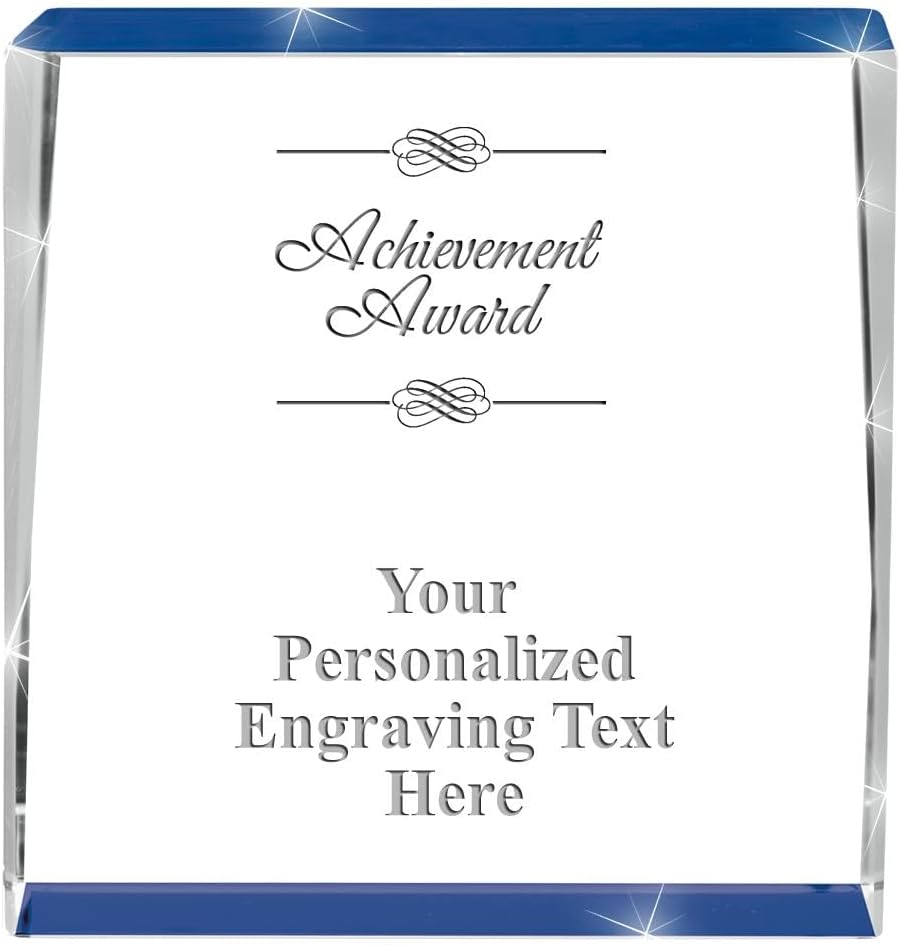 Crown Awards Customizable Crystal Trophy, 4" Engraved Blue Spotlight Crystal Award