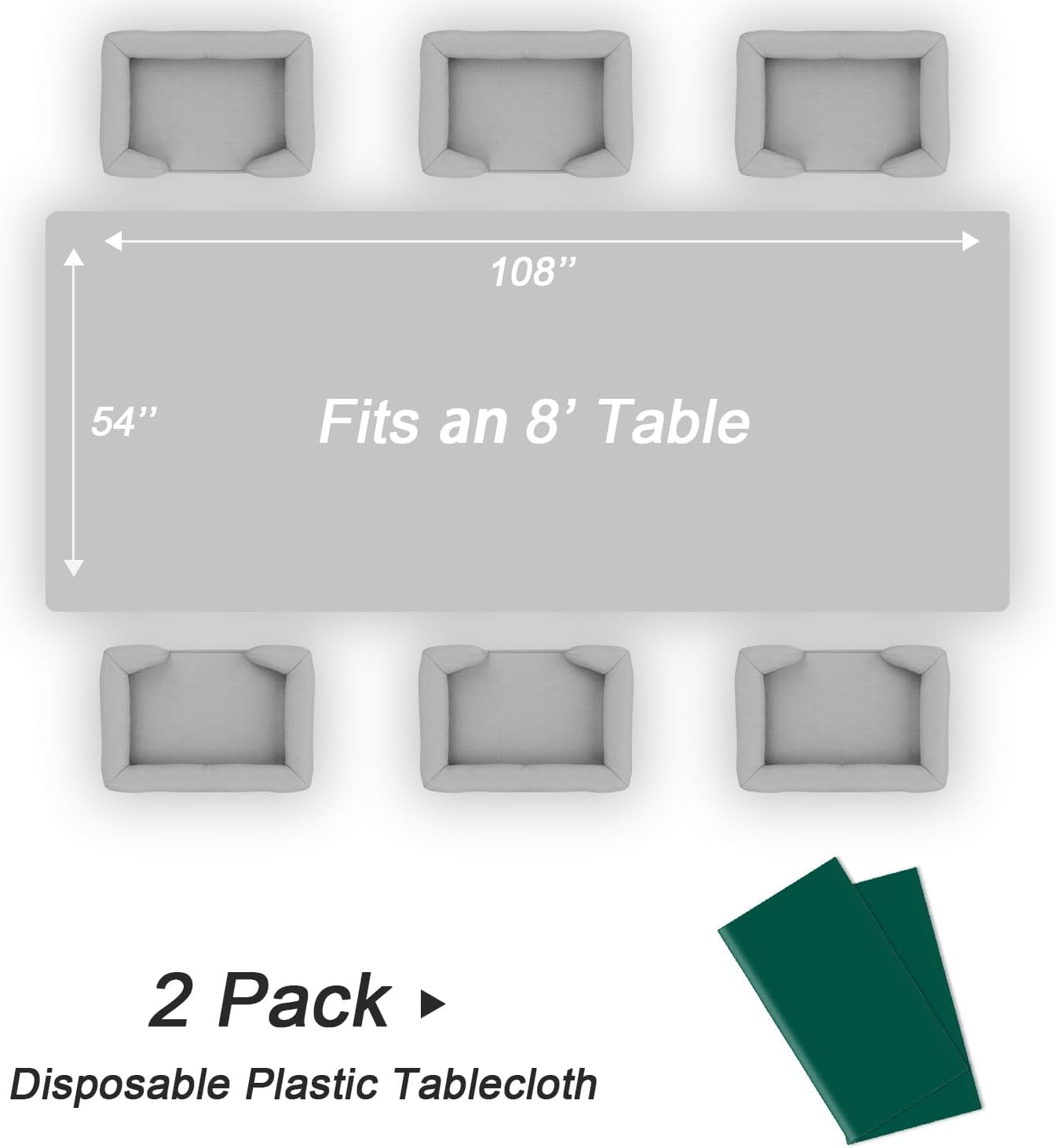 QIKSION Plastic Table Cloth Disposable 2 Pack, 54 x 108 Inch Tablecloths for Rectangle Tables, Dark Green Plastic Table Cover