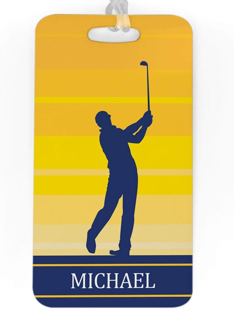 ChalkTalkSPORTS Golf Luggage & Bag Tag | Personalized Male Golfer | Standard Lines on Back | Large | Yellow