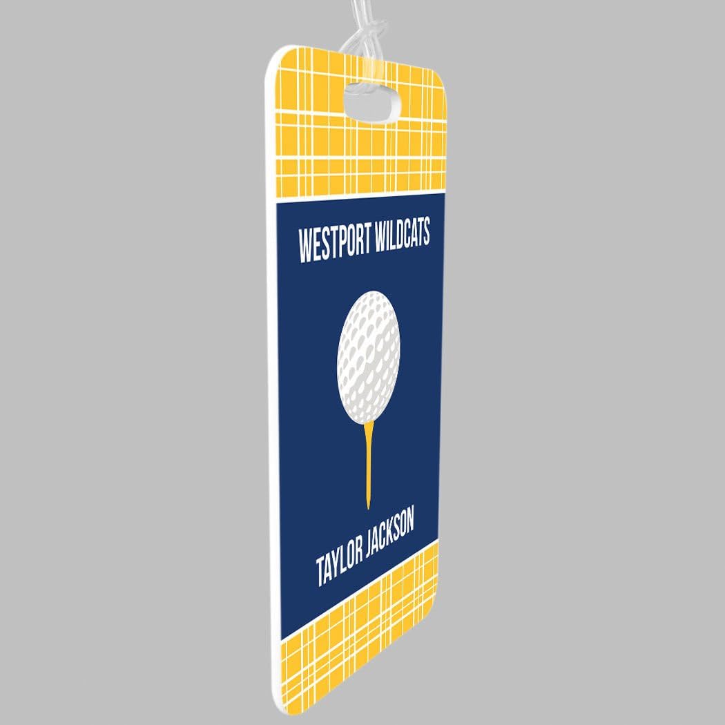 ChalkTalkSPORTS Golf Luggage & Bag Tag | Personalized Team with Golf Ball | Standard Lines on Back | Large | Gold/Navy