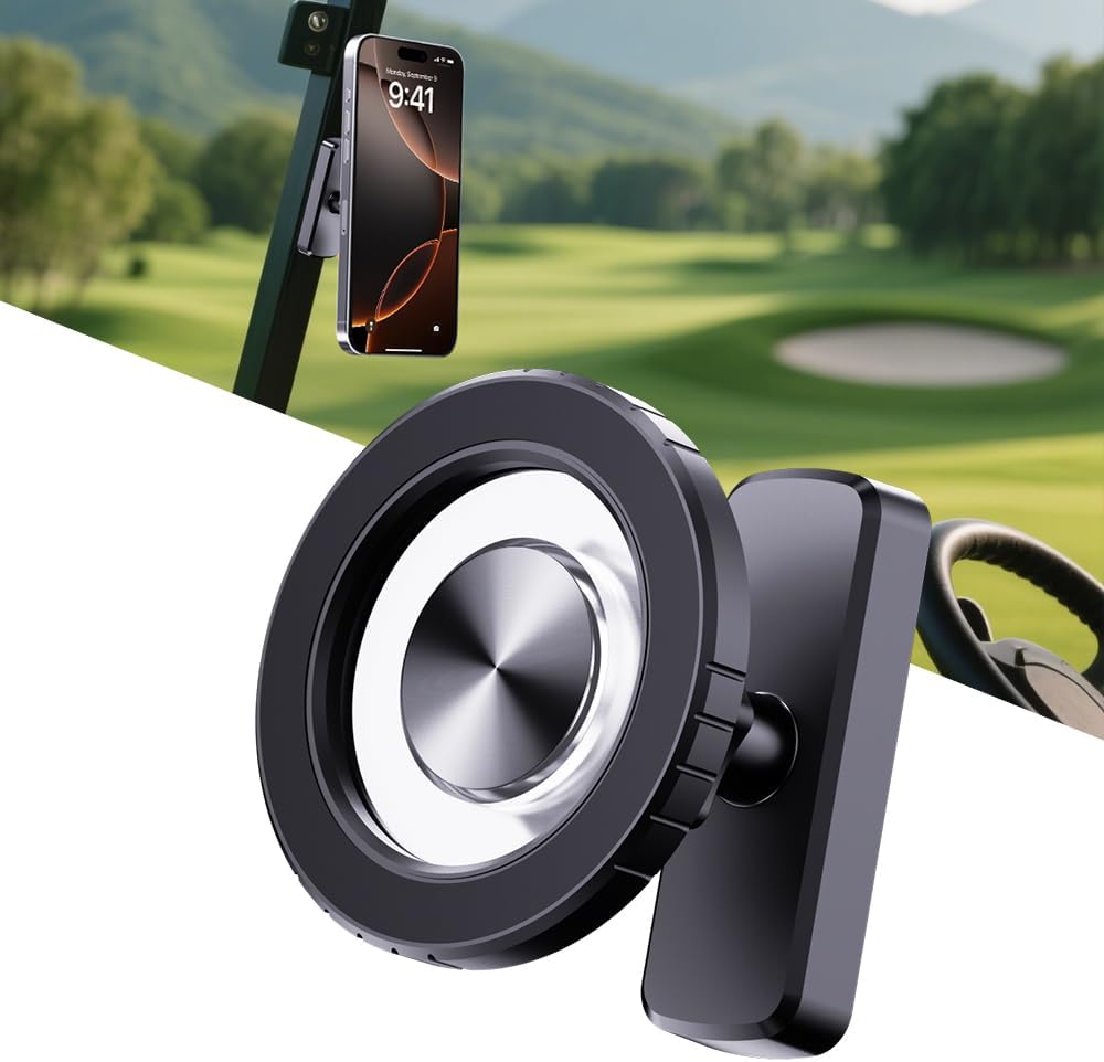 Magnetic Golf Cart Phone Holder, Golf Cart Phone Mount with N52 Magnets Compatible with EZGO Club Car Yamaha, 360° Rotation, Compatible with iPhone Samsung Google Pixel, Golf Accessories for Men Women