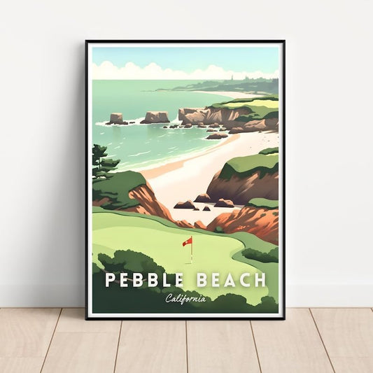 Nationcog Pebble Beach Golf Wall Art Print, Retro Coastal Landscape Poster for Bedroom or Office, Beachside Decor for Men, Great Gift for Dad, California Golf Artwork (Unframed) (16x24)