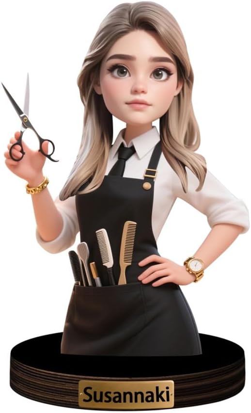 Personalized Women Barber Caricature Figurine Desk Decor Plaque Custom Barbershop Figurine Ornament Sign Hairdresser Cartoon Portrait Name Plaque Gifts for Christmas Birthday Anniversary,01