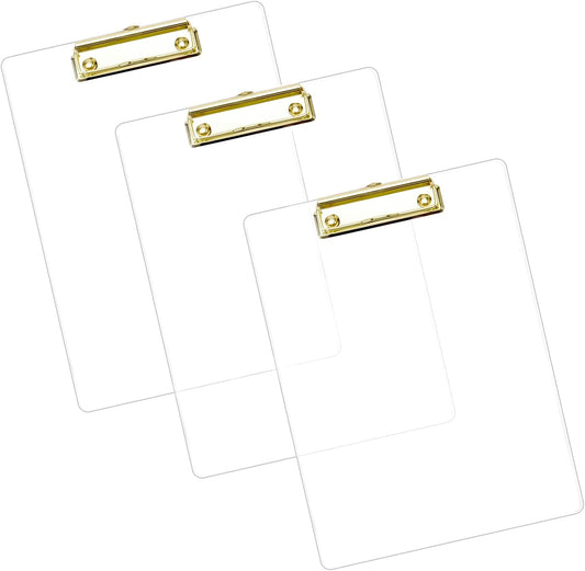 Thick Acrylic Clear Clipboards with Gold Clip 3-Pack, Durable Stylish Clipboards with Low Profile Clip