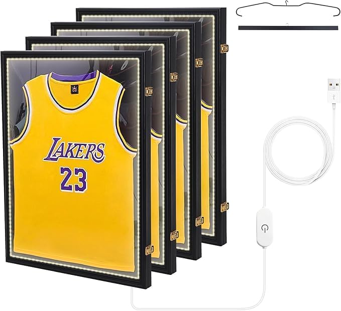 Nice C Jersey Frame Display Case with Lights, Jersey Shadow Box Display Cases, Football Jersey Display Case with LED, 98% UV Protection, Valet Pinboard, Acrylic, Basketball (LED 4 Pack)