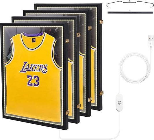 Nice C Jersey Frame Display Case with Lights, Jersey Shadow Box Display Cases, Football Jersey Display Case with LED, 98% UV Protection, Valet Pinboard, Acrylic, Basketball (LED 4 Pack)