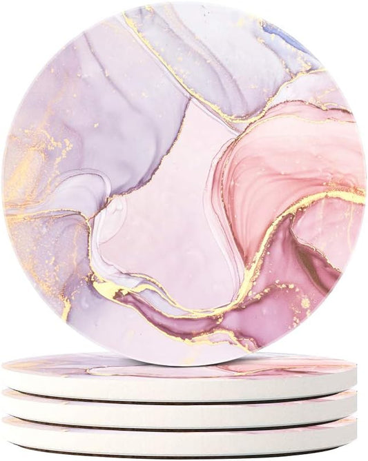 Lahome Marble Style Coasters - Round Drinks Absorbent Stone Coaster Set with Ceramic Stone and Cork Base for Kinds of Mugs and Cups (Lavender, 4)