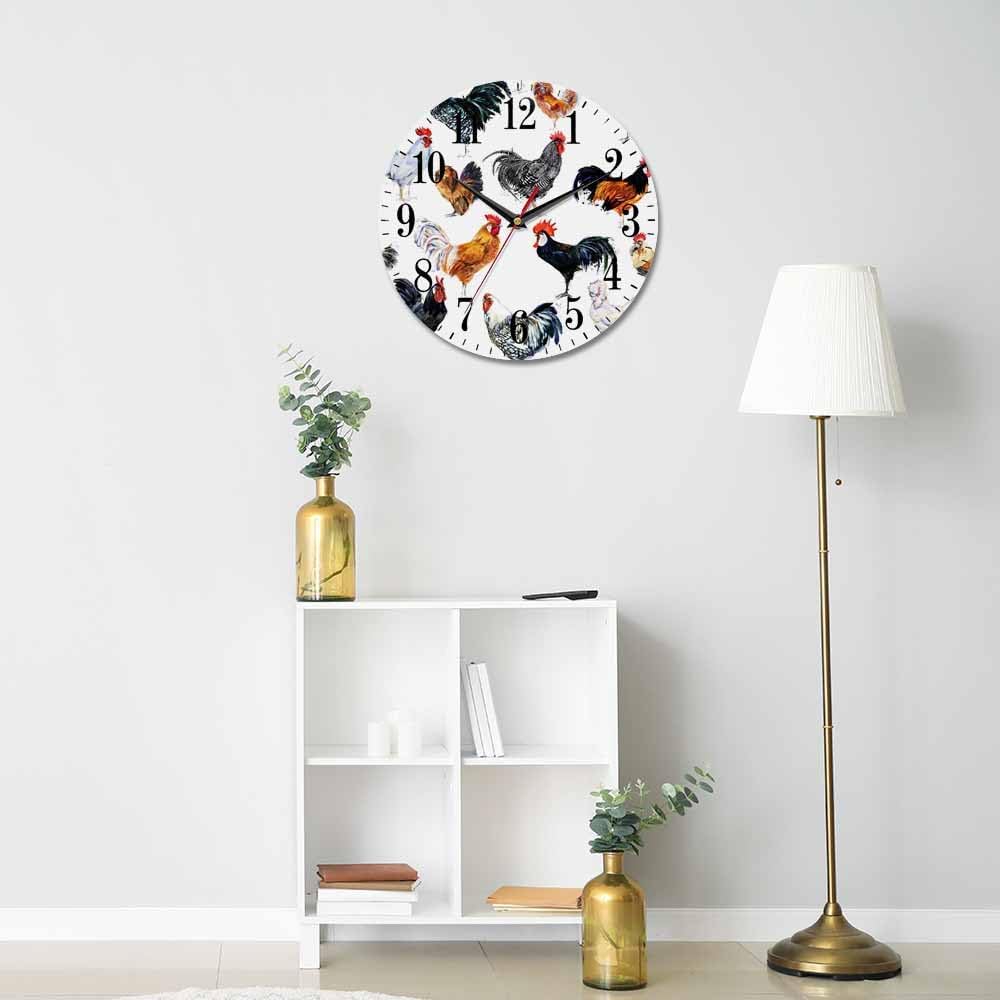 Mxocom Roosters Wall Clock Farm Watercolor Hen Chicken Pattern 10 Inch Silent Non Ticking Battery Operated Clock Vintage Round Clock for Living Room Bedroom Bathroom Office Decor