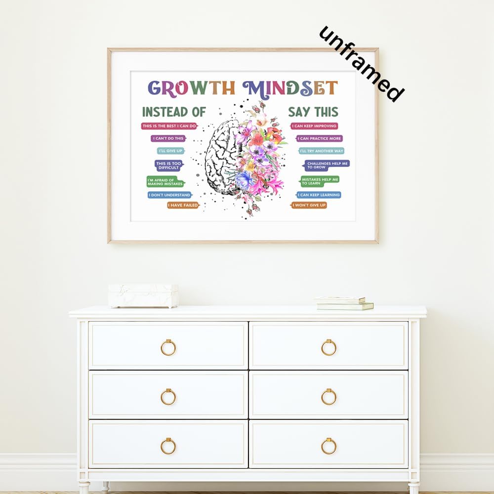 uoyien Classroom Growth Mindset Affirmations for Kids Mental Health Posters Brain Poster Psychology Special Education Calm Corner Wall Art Office Therapy Canvas Wall Decor Prints 16x24in Unframed