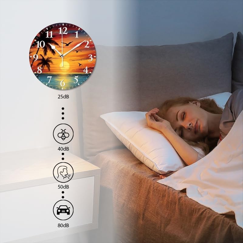Sunset Wall Clock Non-Ticking Silent Clocks Battery Operated Analog Decor Clock for Home-Beautiful Sunset Over The Ocean with Palm Trees and Birds Flying in The Sky(10inch)