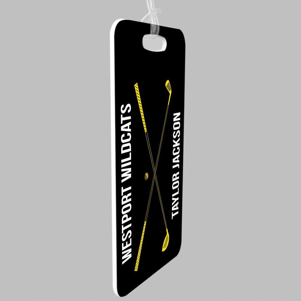 ChalkTalkSPORTS Golf Luggage & Bag Tag | Personalized Crossed Golf Clubs | Standard Lines on Back | Large | Black/Yellow