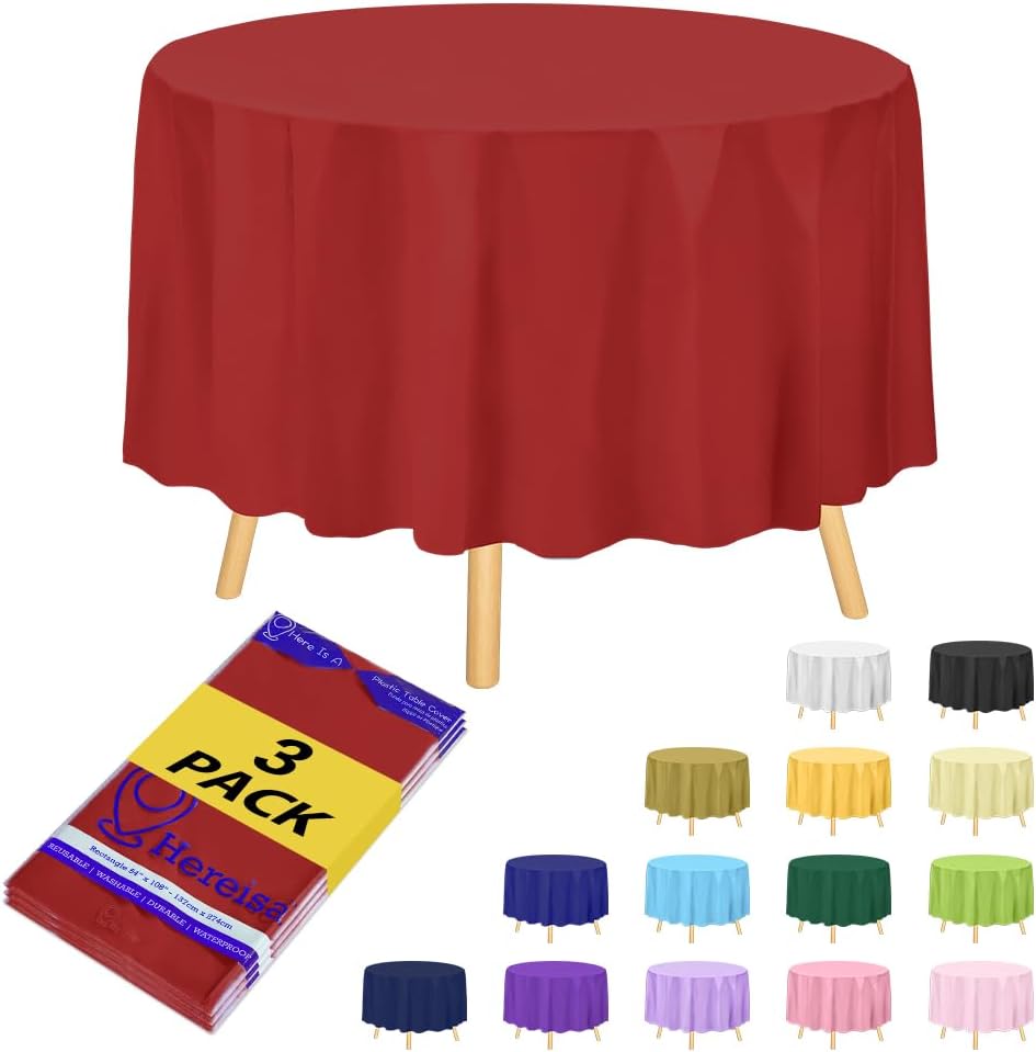 Brand Round Red Plastic 84" Disposable Tablecloth (3 Pack), Party & Event Decorative Cover