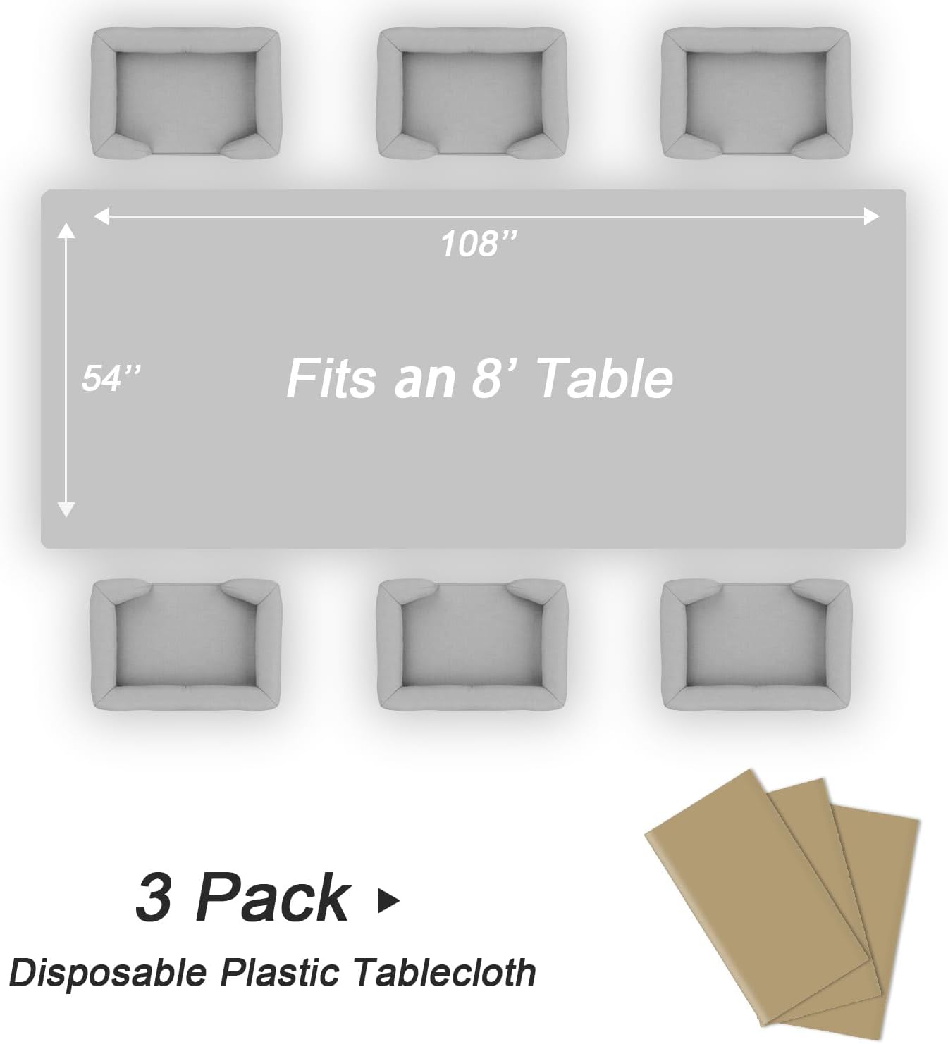 QIKSION Plastic Table Cloth Disposable 3 Pack, 54 x 108 Inch Tablecloths for Rectangle Tables, Gold Plastic Table Cover