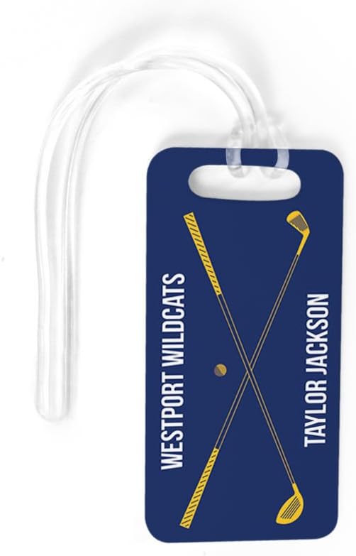 ChalkTalkSPORTS Golf Luggage & Bag Tag | Personalized Crossed Golf Clubs | Standard Lines on Back | Small | Navy/Gold