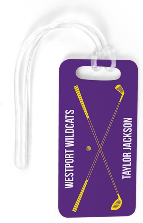 ChalkTalkSPORTS Golf Luggage & Bag Tag | Personalized Crossed Golf Clubs | Standard Lines on Back | Small | Purple/Yellow