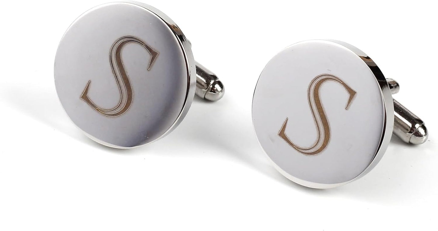 Mens Initial Silver Cufflinks A-Z Alphabet Letter Steel Cuff Links with Engraved Walnut Wood Box Groom Groomsman Wedding Set…