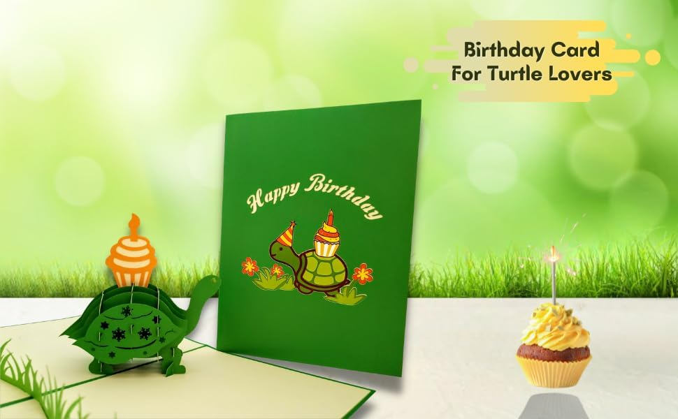 iGifts And Cards Funny Birthday Turtle 3D Pop Up Card – Belated Tortoise With Cupcake, Animal-Themed Greeting, Cute Cake and Candle Surprise, Unique Celebration for Late Birthdays, 5" x 7"