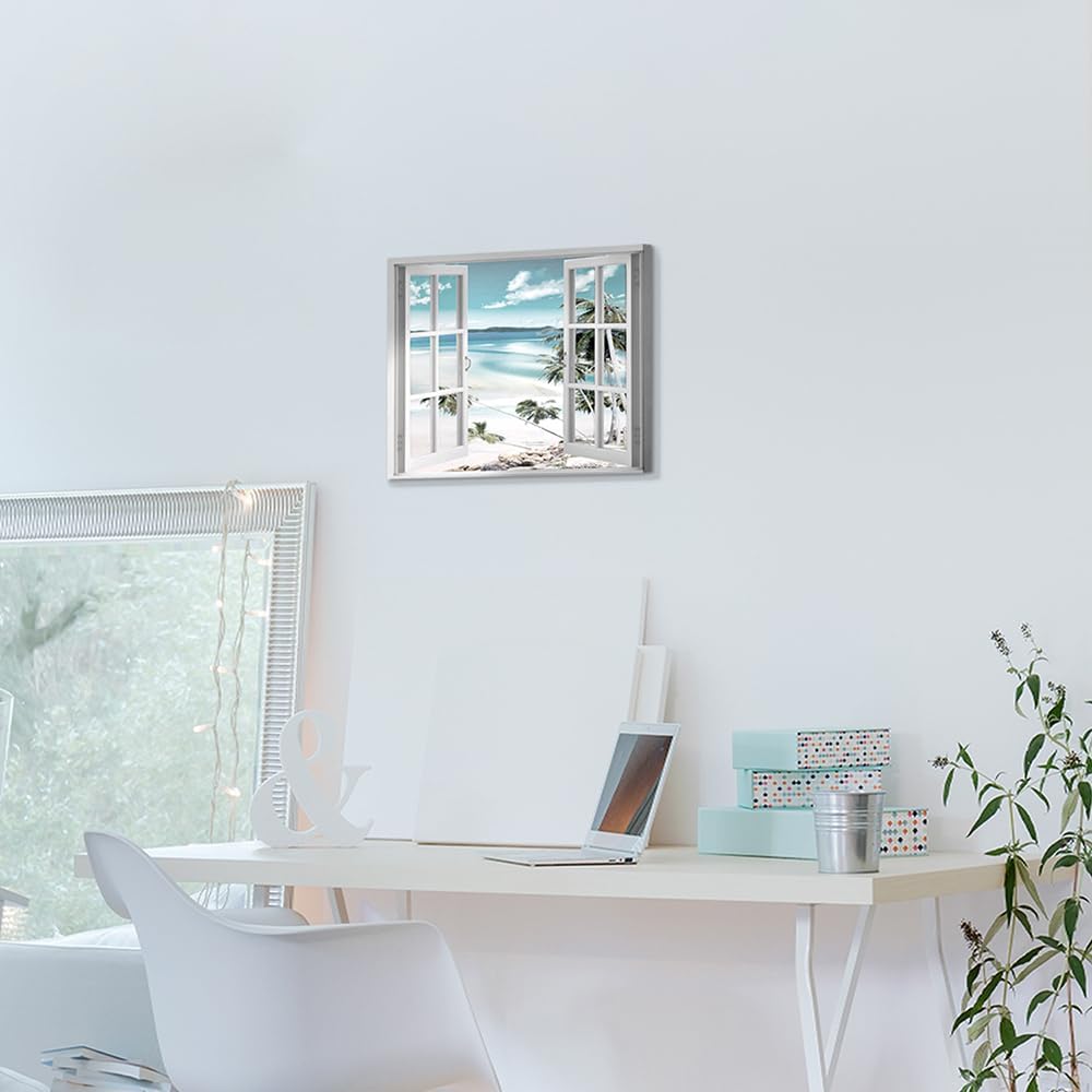 Canvas Windows Picture Wall Art: Beach with Light Blue Coastal Palm Graphic Artwork Print on Canvas Artwork for Living Room (24” x 36” x 1 Panel)