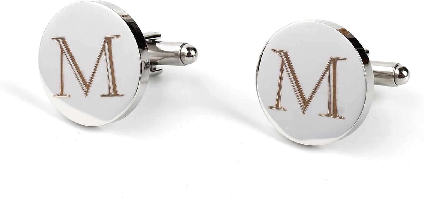 Mens Initial Silver Cufflinks A-Z Alphabet Letter Steel Cuff Links with Engraved Walnut Wood Box Groom Groomsman Wedding Set…