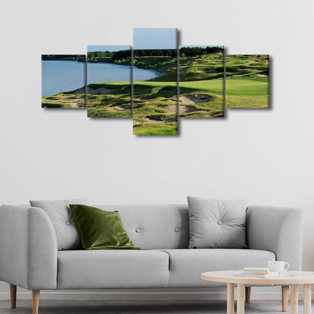 Golf Course Wall Art Canvas Painting Whistling Straits American Home Decor Green Pictures for Living Room Bedroom Office Wall Decorations 5 Piece Set Stretched and Framed Ready to Hang - 50"W x 24"H