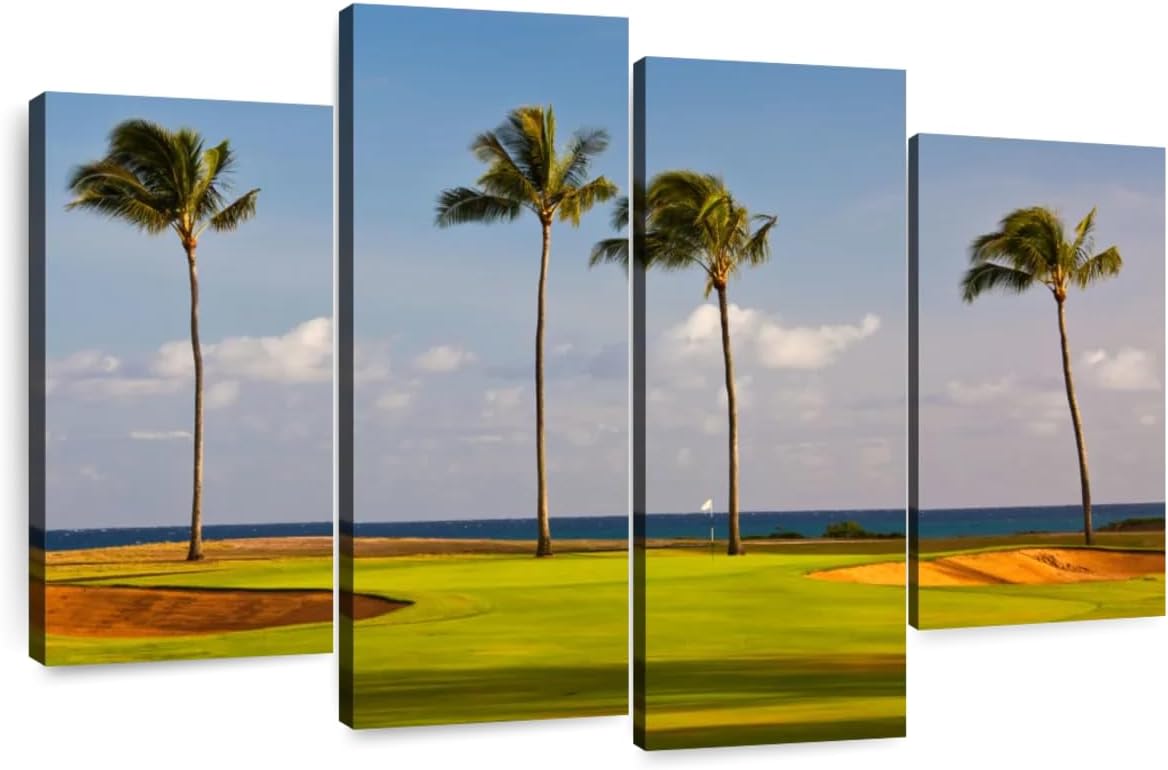 Elephant Stock Hawaiian Golf Course Wall Art - Horizontal Canvas - 4-Piece Living Room Wall Decor - Photography Sports Canvas Print - Green and Yellow Decor for Wall - 24" X 14"