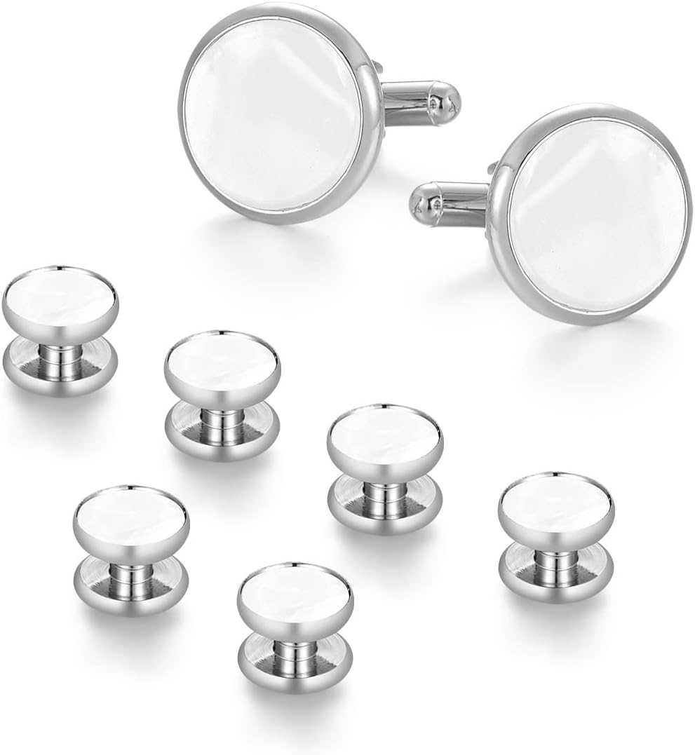 wynameleri Mens Classic Shirts Cufflink Studs, Mother-of-Pearl Tuxedo Shirt Button and Cuff Links Set, Formal Business Wedding Jewelry
