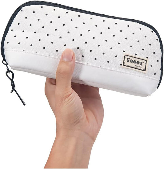 Sooez Wide-Opening Pencil Pen Case, Lightweight & Spacious Pencil Pouch Zipper Stationery Bag, Aesthetic Supply with Triangular Design for Adults, Black Dots