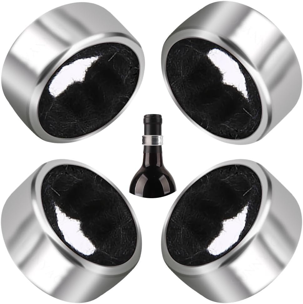 Wine Drip Collars, 4 Pack Stainless Steel Wine Bottle Top Drip Rings, Wine Drop Ring Catcher or Stopper with Detachable Felt Liner, Small Handy Wine Accessories for Kitchen and Bar