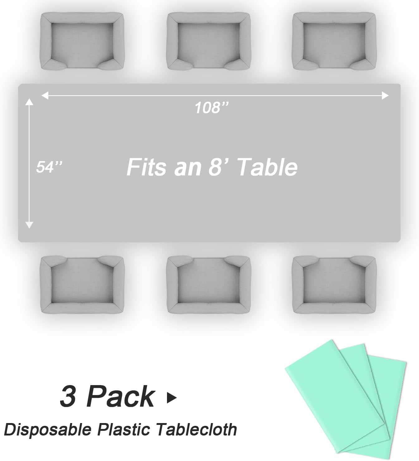 QIKSION Plastic Table Cloth Disposable 3 Pack, 54 x 108 Inch Tablecloths for Rectangle Tables, Fresh Mint Plastic Table Cover