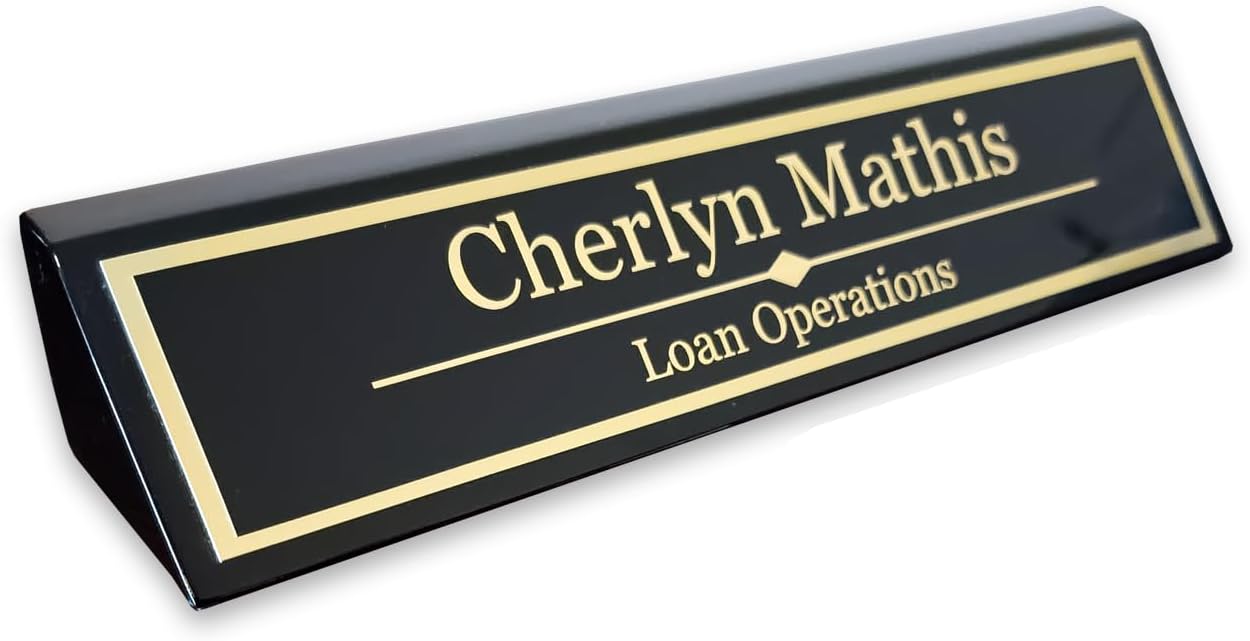 Custom Desk Wedge Name Plate - Personalized Titles and Styles (2x10 Inch, Black Piano Finish w/Name Plate)