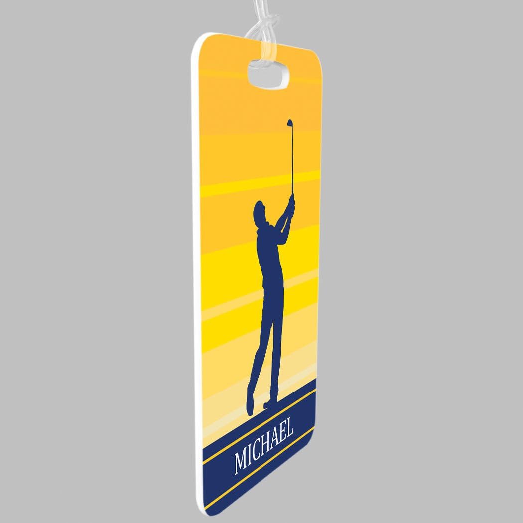 ChalkTalkSPORTS Golf Luggage & Bag Tag | Personalized Male Golfer | Standard Lines on Back | Large | Yellow