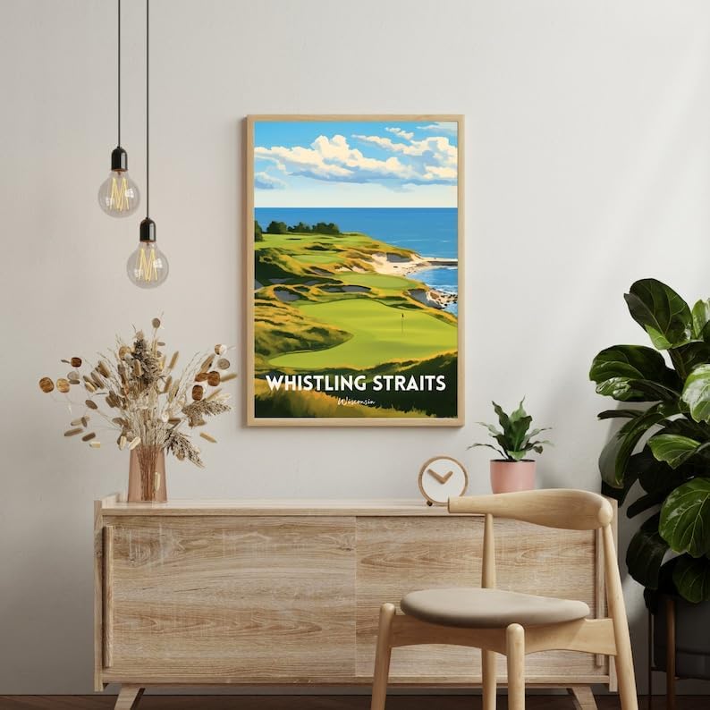 Nationcog Whistling Straits Golf Wall Art Print, Retro Wisconsin Coastal Poster for Living Room or Office, Scenic Course Decor for Men, Gift Idea for Dad, Lakefront Room Accent (Unframed) (9x11)
