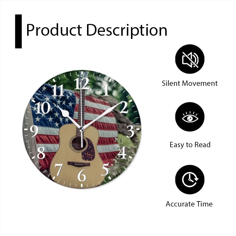 Guitar Wall Clock Non-Ticking Silent Clocks Battery Operated Analog Decor Clock for Home-Guitars Sitting On Fence with American Flag(12inch)