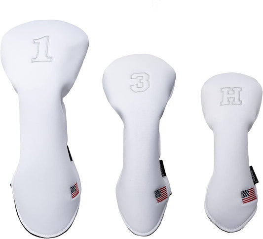 Golf Driver Head Covers 3-Pack for Men & Women - Premium PU Leather with Elephant Embroidery, Double Elastic Band (Driver/Fairway/Hybrid), Waterproof & Durable - White Grey or Black Grey