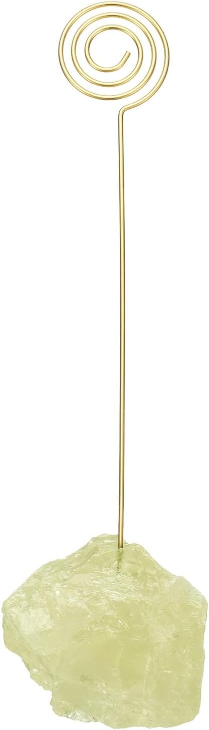 PATIKIL Table Number Holder, 1Pcs Photo Clip Holders Crystal Stone Quartz Desk Card Holder Raw Lollipop Shape Iron Memo Note Photo Stand for Wedding Party Home Office Decor, Yellow