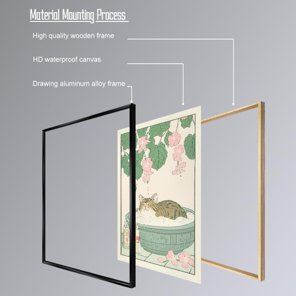 Vintage Tabby Cat in The Bathtub Posters Funny Bathroom Wall Art Cute Animal Lover Canvas Prints Japanese Aesthetic Neutral Minimalist Wall Decor for Dorm Restroom 20x30in Framed