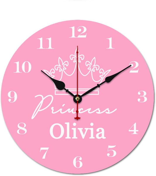 Pink Crown Personalized Girls Name Wall Clocks for Walls,Decorative Kids Wall Clocks Battery Operated 10 inch,Girls Room Decor Wood Wall Clock for Nursery Kids Bedrooms Boys Girls ,Custom Kids Gifts