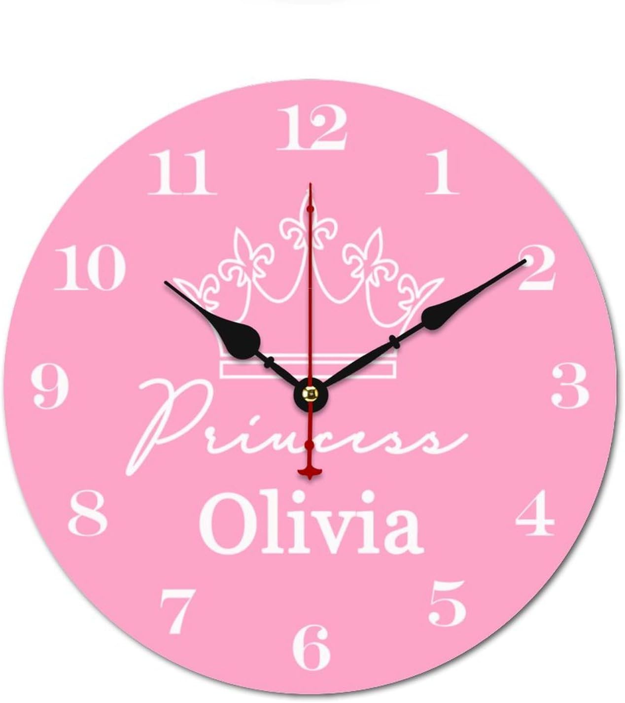 12 inch Pink Crown Personalized Girls Name Wall Clocks Battery Operated for Kids Bedrooms Nursery School Playroom Decor,Custom Kids Name Wall Clock,Girls Room Decor Wood Round Clock Silent