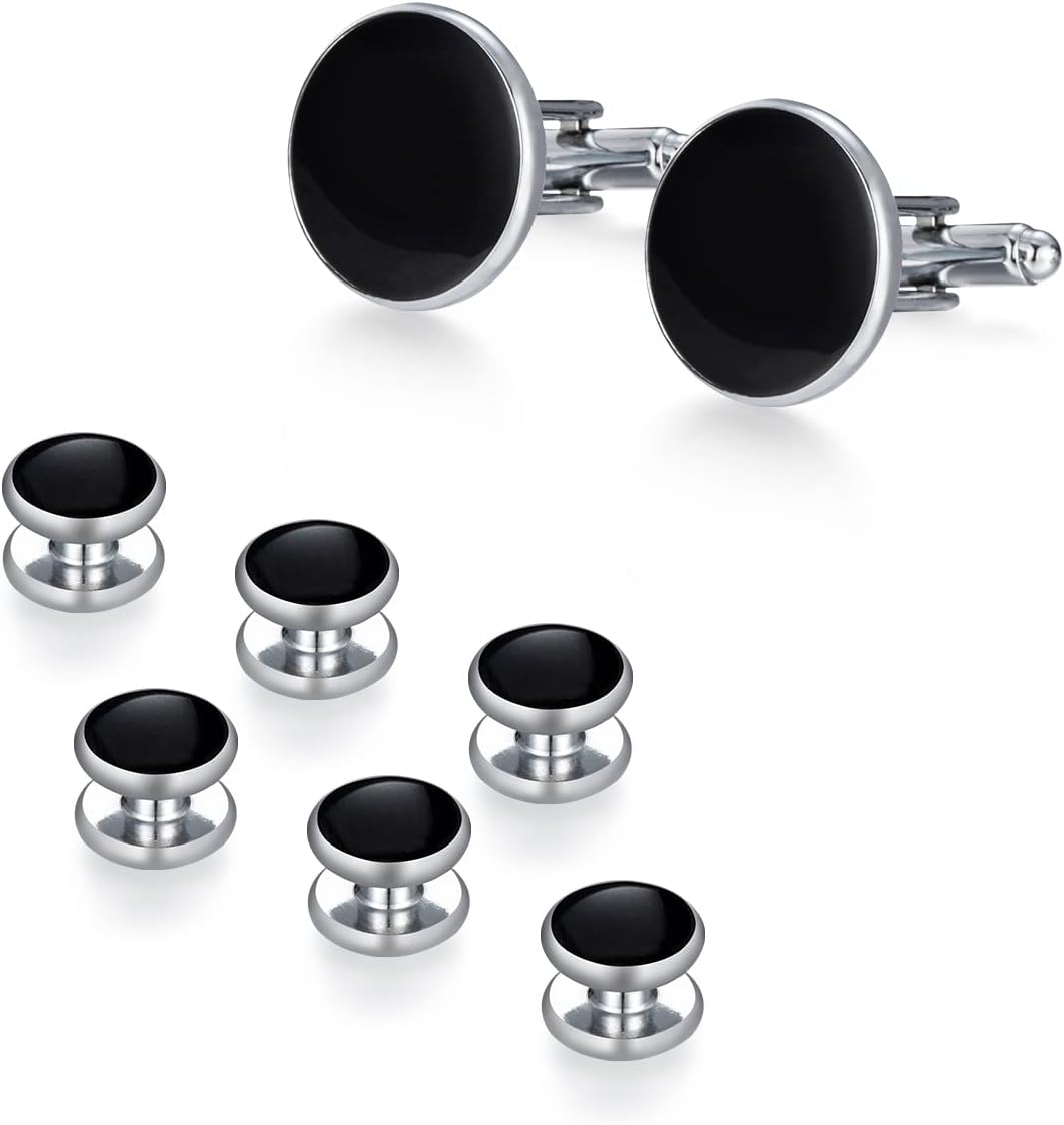 wynameleri Mens Cufflinks and Studs Set Blanks Round 4 Colors Shirt Tuxedo Buttons Packed in Cufflink Box for Business Wedding Jewelry