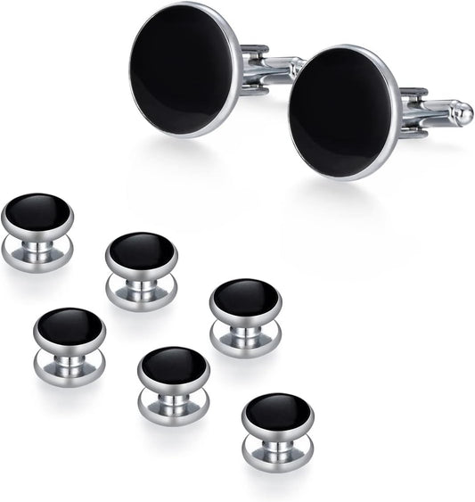 wynameleri Mens Cufflinks and Studs Set Blanks Round 4 Colors Shirt Tuxedo Buttons Packed in Cufflink Box for Business Wedding Jewelry