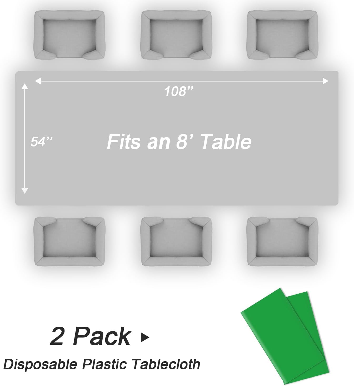 QIKSION Plastic Table Cloth Disposable 2 Pack, 54 x 108 Inch Tablecloths for Rectangle Tables, Green Plastic Table Cover