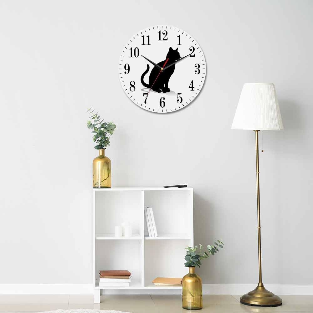 Mxocom Cat Silhouette Wall Clock Pet Animal Kitten Standing Black Outline 10 Inch Silent Non Ticking Battery Operated Clock Vintage Round Clock for Living Room Bedroom Bathroom Office Decor