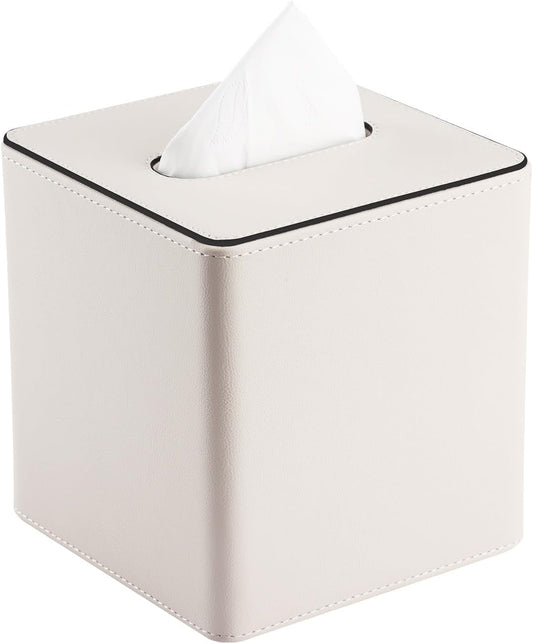 KINGFOM Leather Tissue Box Cover – Square Modern PU Leather Tissue Holder, Cube Tissue Dispenser for Home, Office, Bedroom, Bathroom – Elegant Minimalist Style (Ivory White-Square)